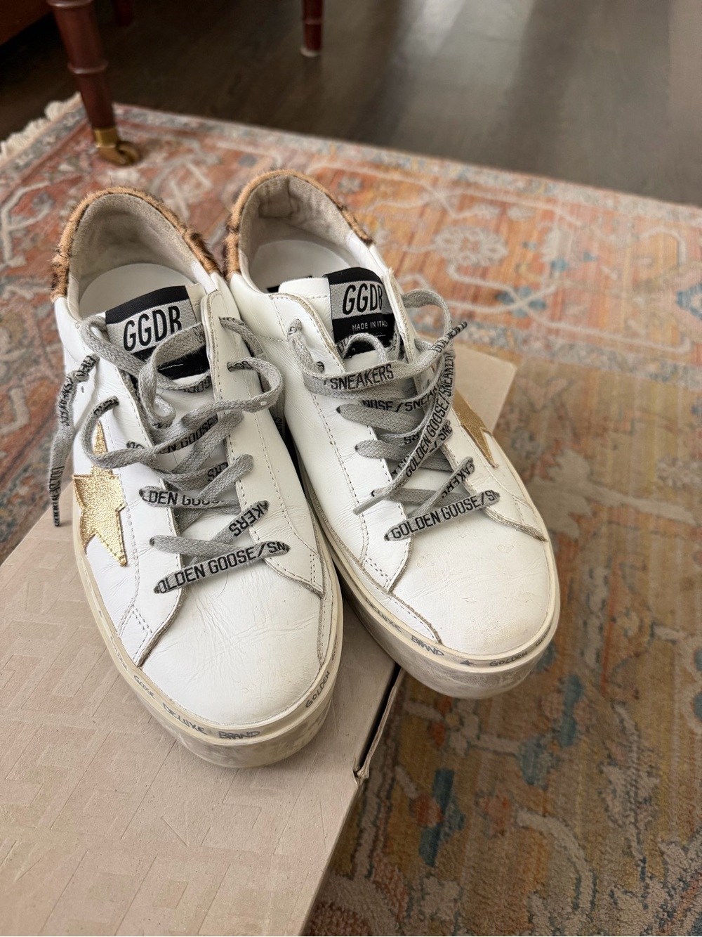 Golden Goose White Leather Sneakers with Leopard-Print Heel